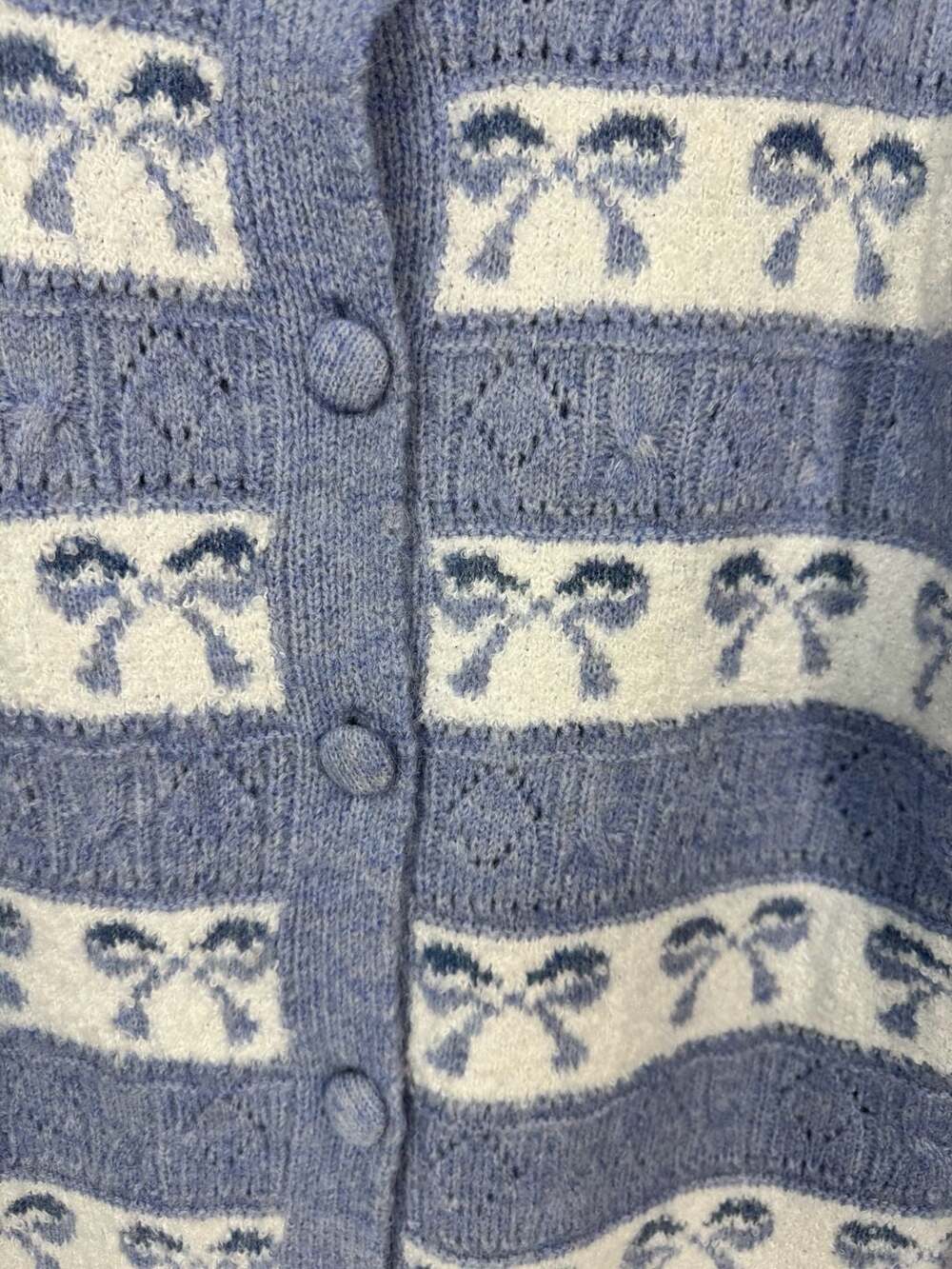 Freshman 1996 Blue and White Bow Pattern Knit Cardigan Sweater NWT - Picture 2 of 8